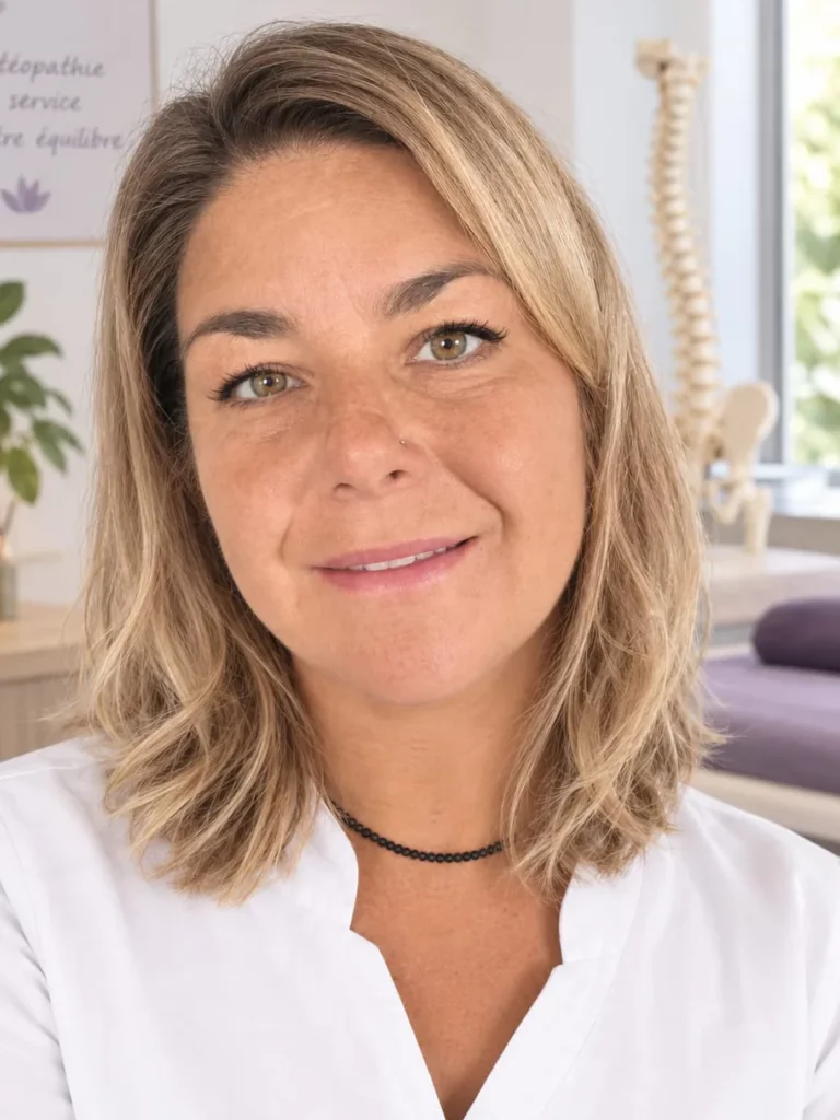 Portrait of Laure Simon, smiling, in a white tunic