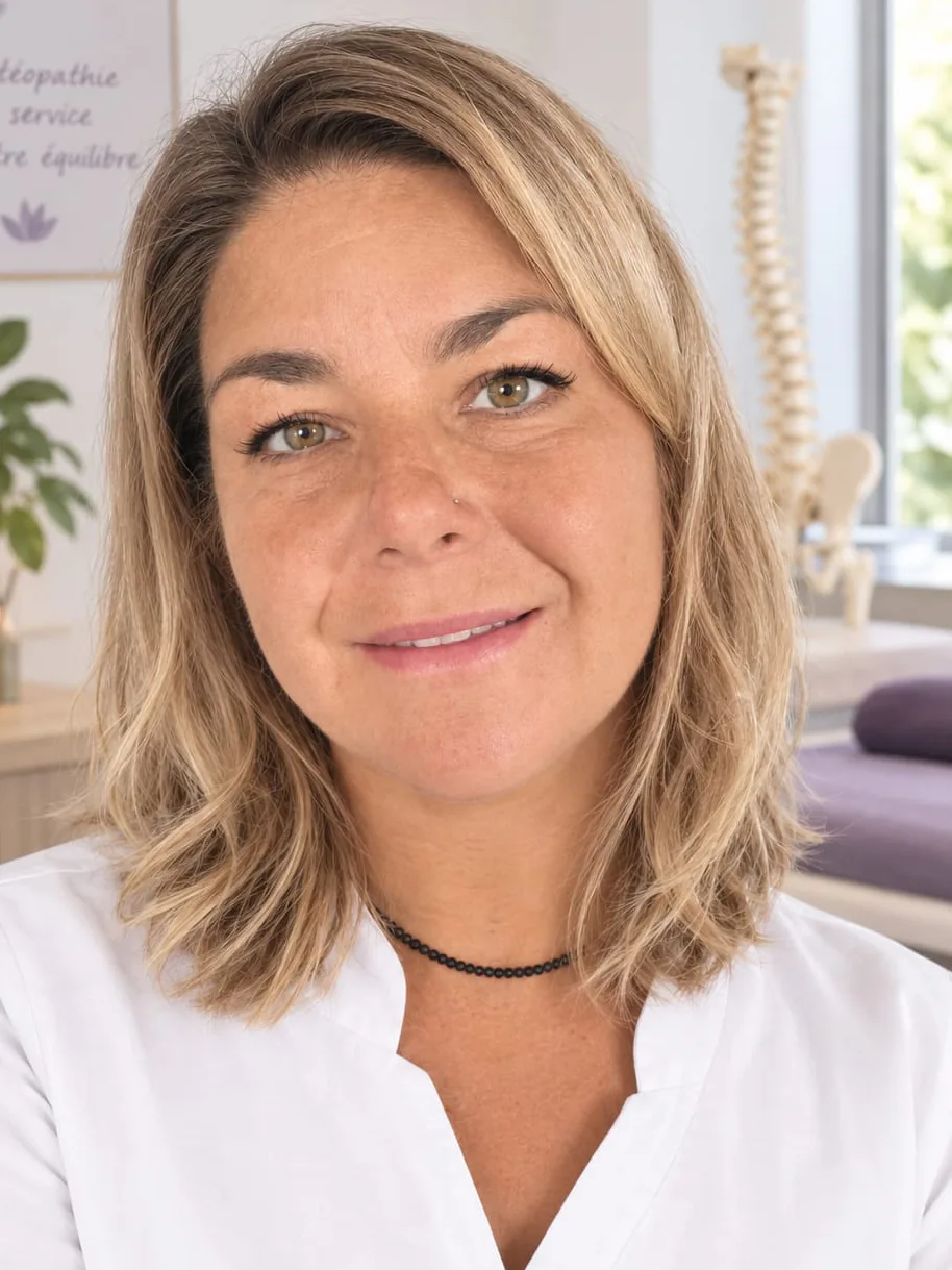 Portrait de Laure Simon, souriante, en tunique blanche