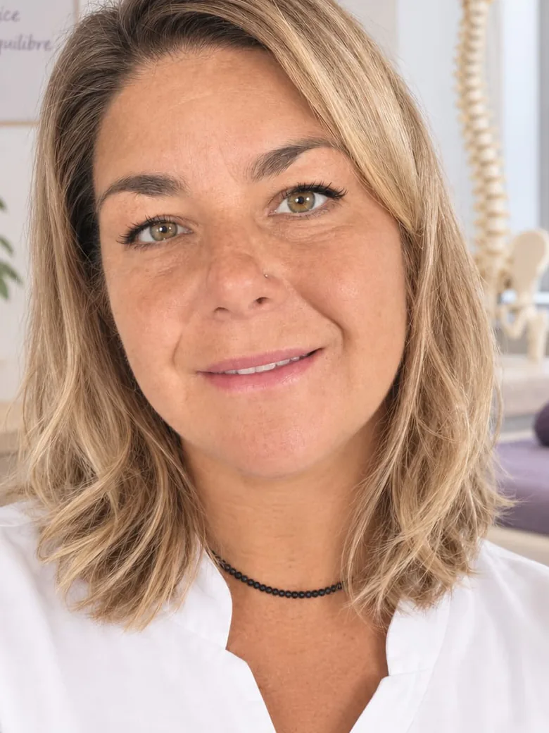 Laure Simon, ostéopathe crânio-sacrée, en tunique blanche dans un cabinet clair