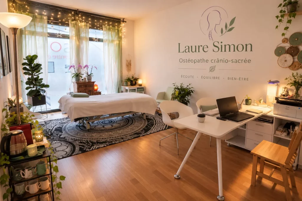 La salle de soin de Plainpalais, avec sa table, ses plantes et l’inscription « Laure Simon, ostéopathe crânio-sacrée » au mur