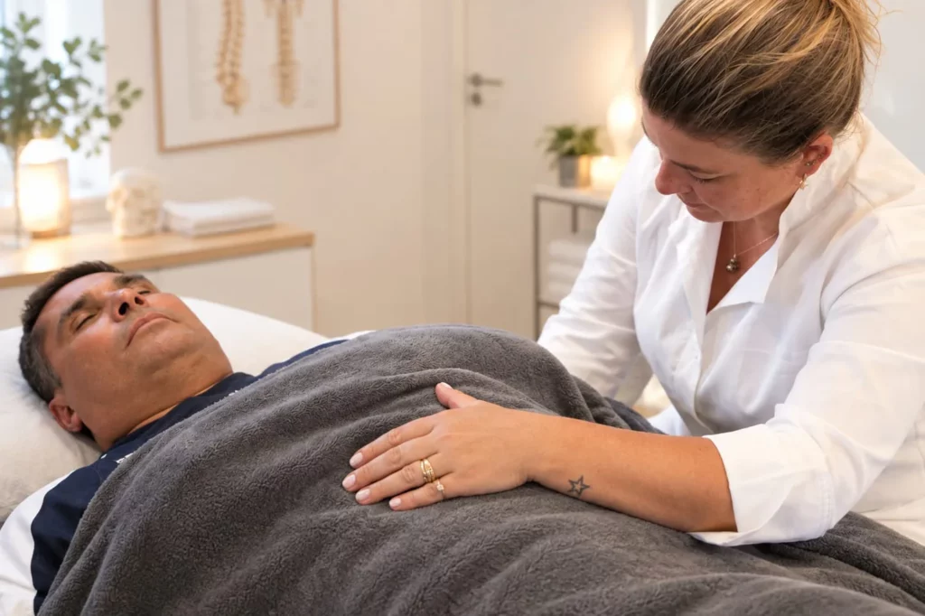 Laure Simon en séance, une main posée sur l’abdomen d’un patient allongé sous une couverture