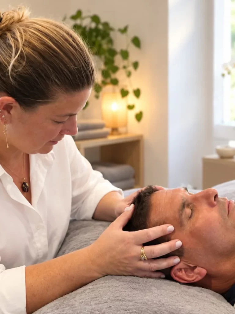Laure Simon, concentrée, les mains posées de part et d’autre de la tête d’un patient allongé